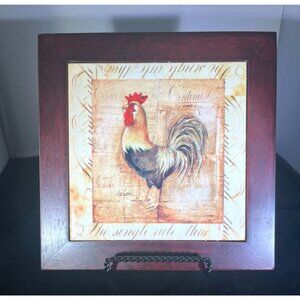 Vintage Style Rooster Wall Plaque Or Trivet  8" Ceramic & Wood